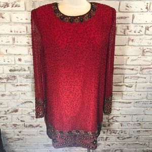 Lawrence Kazar Vintage Red Black Gold Beaded Dress Holiday Vintage Beaded NYE
